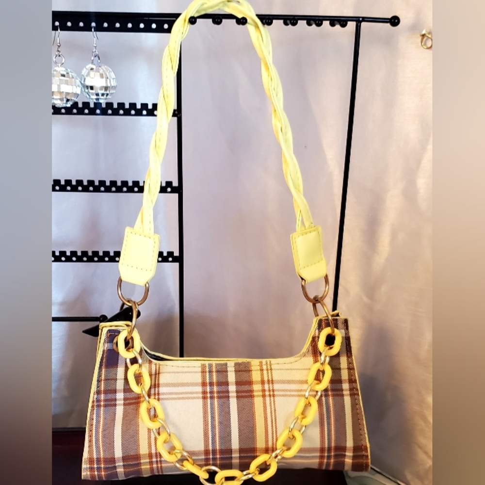 Jewelry Filled Bag - Jinana Brand Yellow Plaid , Chain Strap Women's Bag - Picture 3 of 6